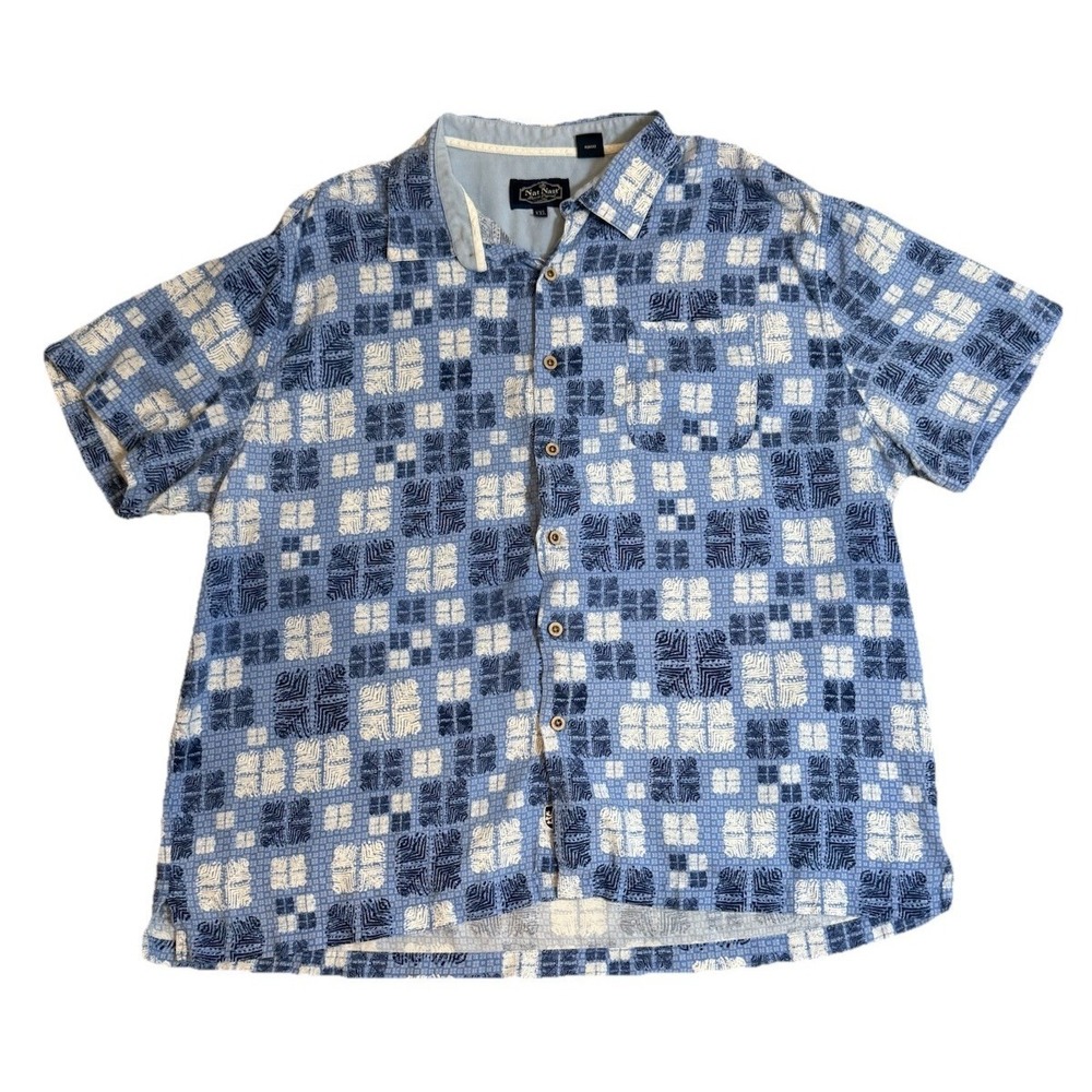 Nat Nast Mens XXL Blue White Geometric Silk Cotton Short Sleeve Button Up Shirt